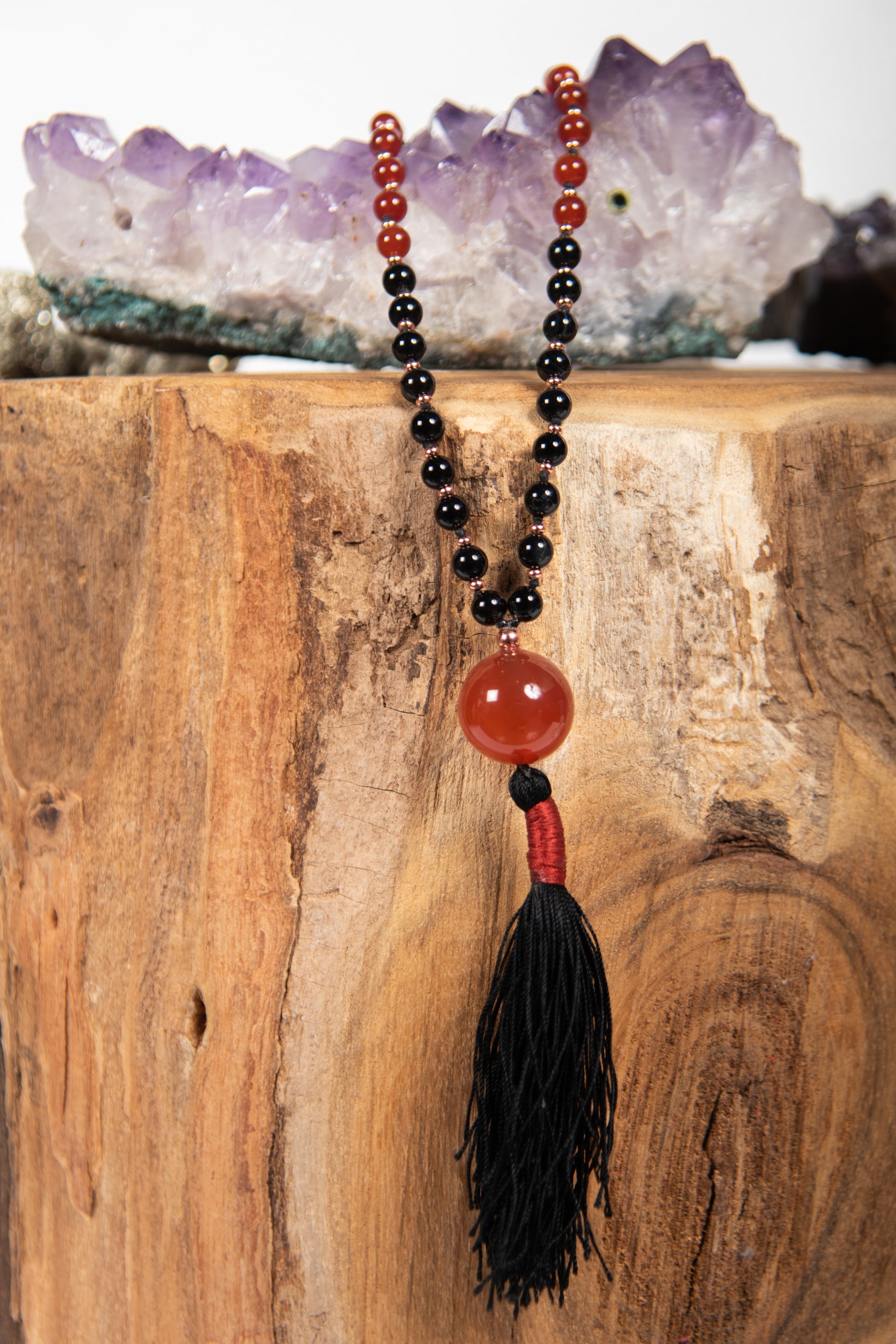 la madregea mala collana fatta a mano da meditazione con 108 perle di agata rossa e onice, pietra guru agata rossa, rame