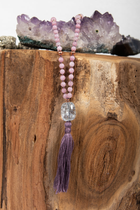 la madregea mala collana 108 in pietra dura di kunzite, quarzo crepitante fatta a mano da meditazione