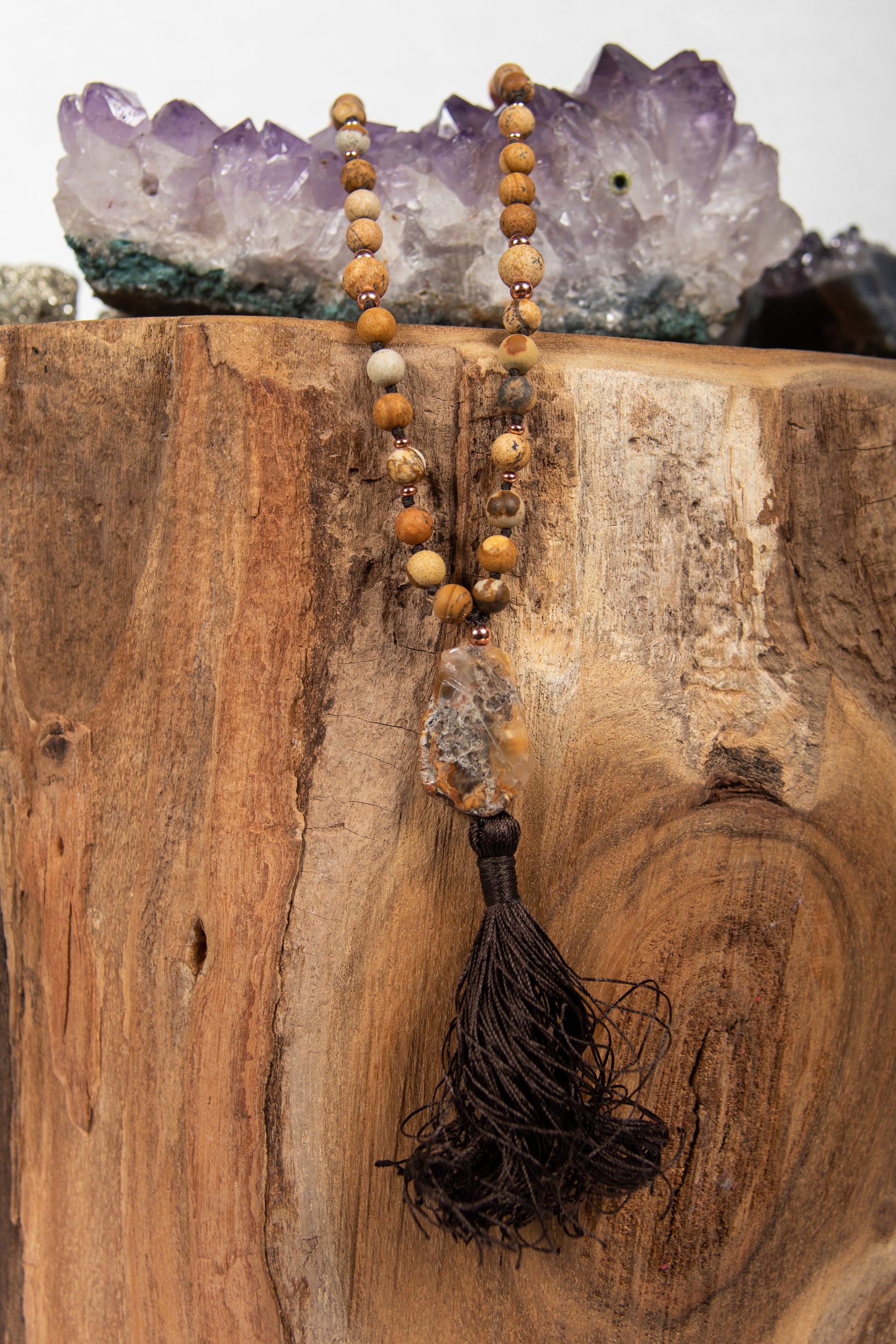 la madregea mala 108 in pietra dura naturale fatta a mano per meditazione in diaspro paesaggio, pietra guru in agata e rame 