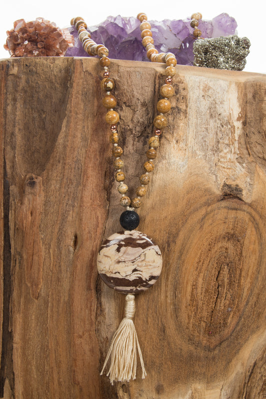 la madregea mala collana in pietra dura naturale di diaspro paesaggio, pietra lavica e rame
