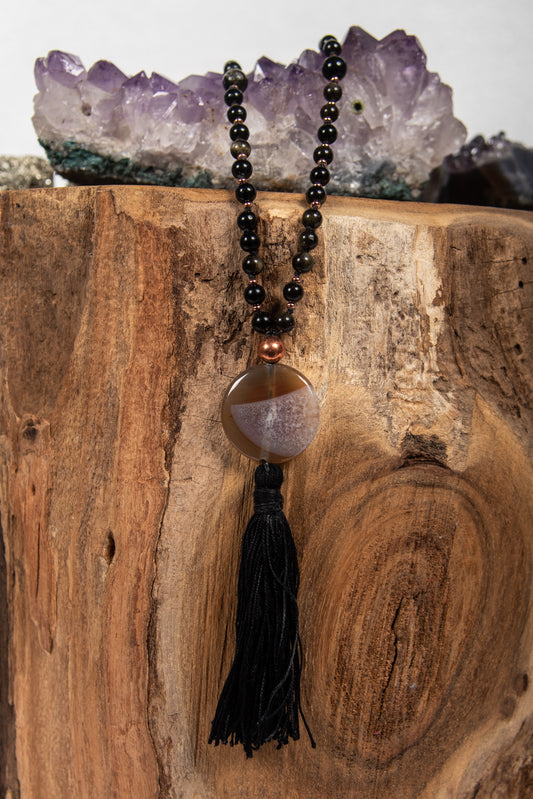 la madregea mala collana da meditazione in ossidiana dorata, agata e rame