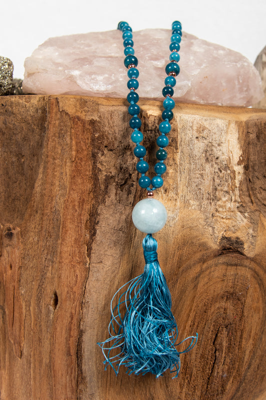 la madregea mala in pietra dura naturale di apatite, pietra guru in acquamarina e rame fatta a mano da meditazione con 108 perle.