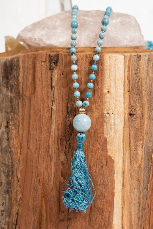 la madregea mala da meditazione con 108 perle di larimar e pietra guru acquamarina