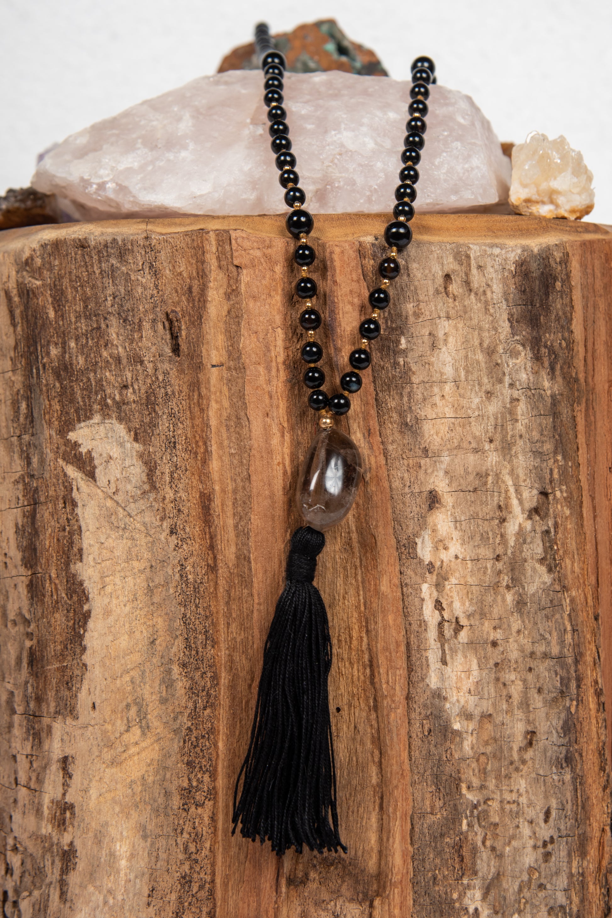 la madregea mala collana per la pratica della meditazione fatta a mano con 108 pietre dure di onice e quarzo fumé