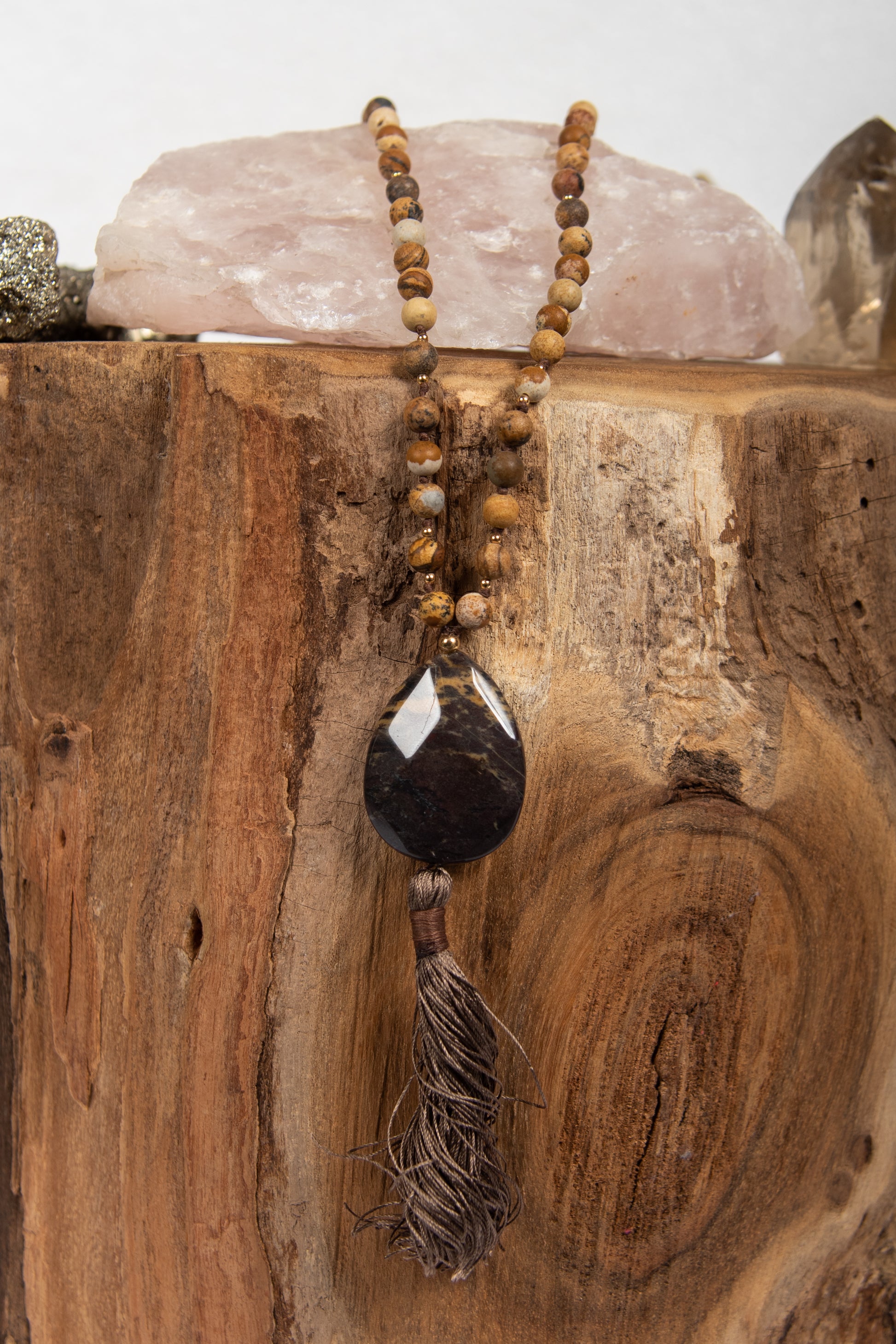 mala la madregea  per meditazione con 108 perle in diaspro paesaggio, pietra guru in diaspro e rame