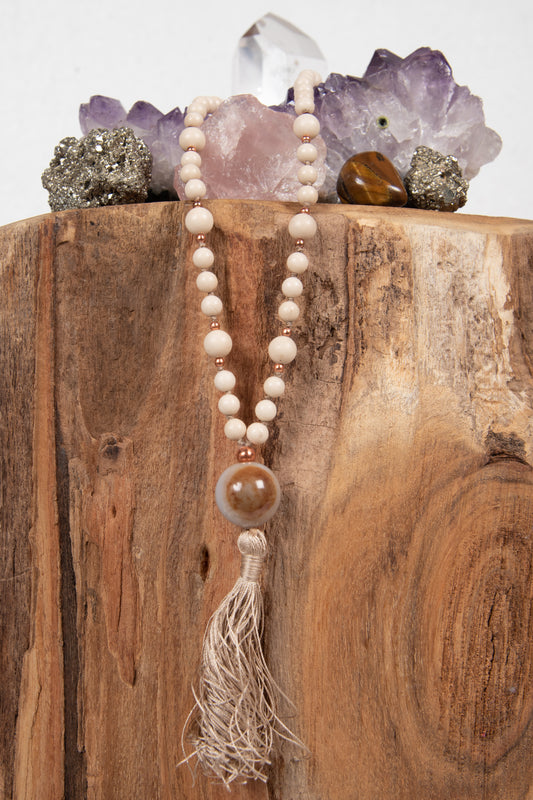 mala in diaspro bianco, pietra guru agata e rame