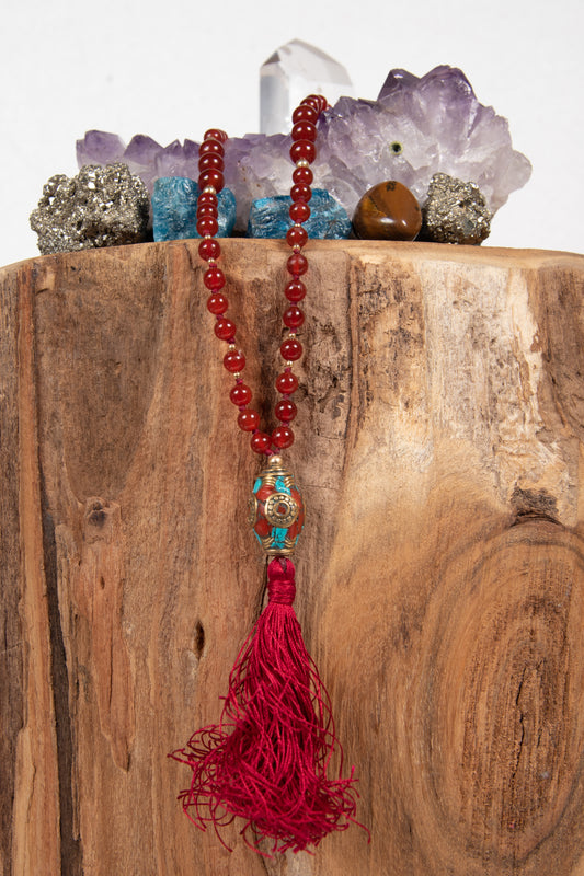 mala fatta a mano per la pratica della meditazione 108 pietre naturali in agata rossa e perla tibetana