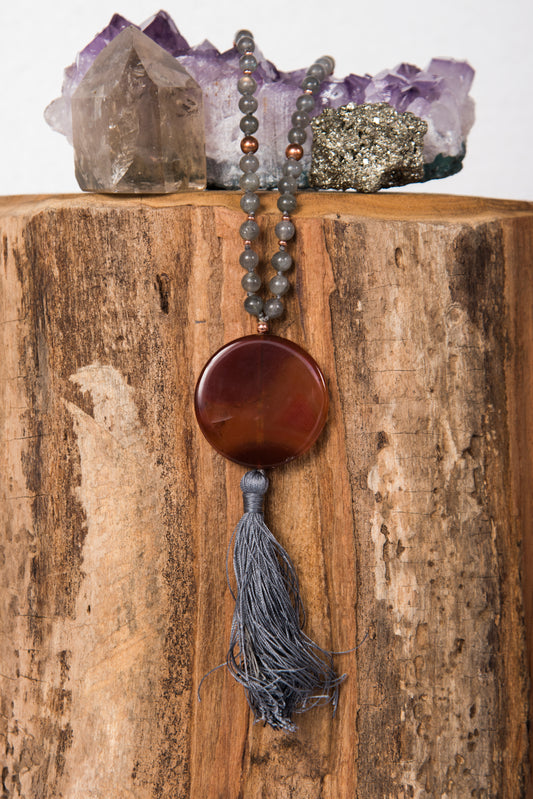 mala in labradorite, corniola e rame prezioso strumento per la pratica della meditazione. 108 pietre naturali