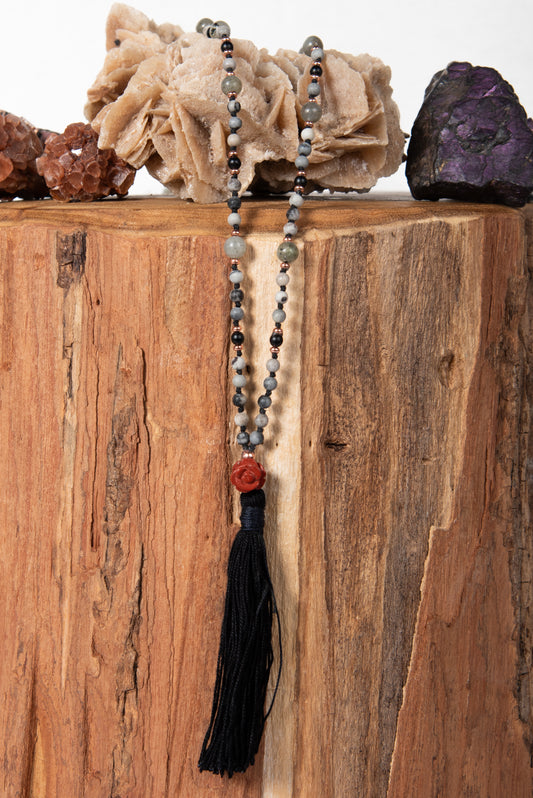 mala artigianale per meditare in pietra di luna arcobaleno, diaspro zebrato, shingite, diaspro rosso