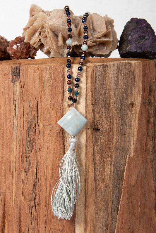 mala artigianale per meditare in occhio di bue, amazzonite, apatite, lapislazzuli