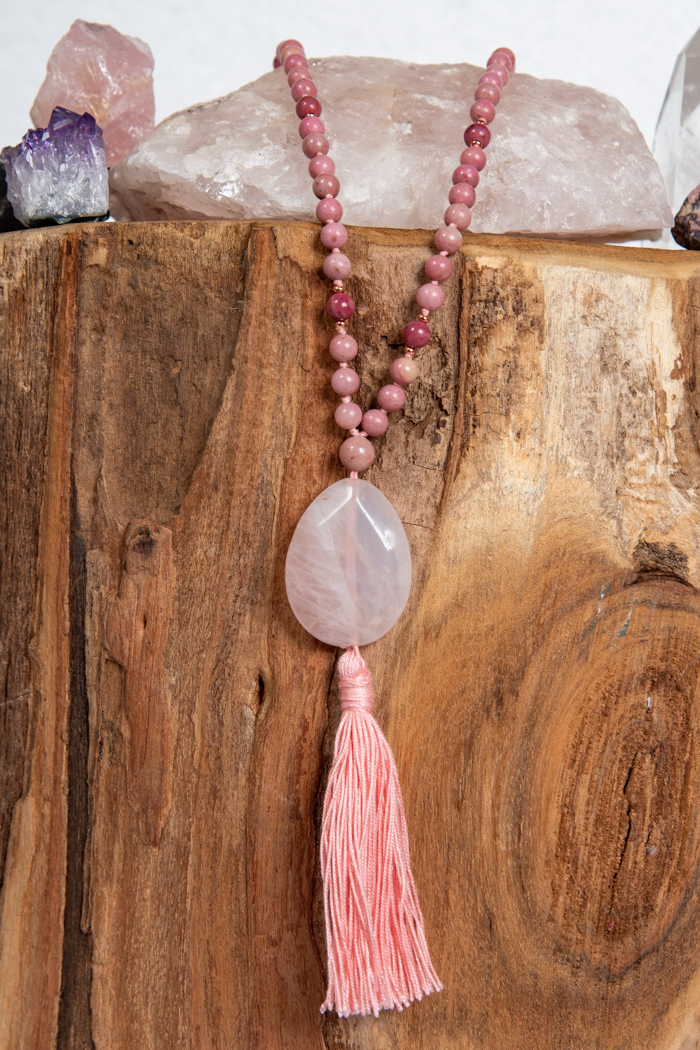 mala da meditazione in rodonite e quarzo rosa, rame