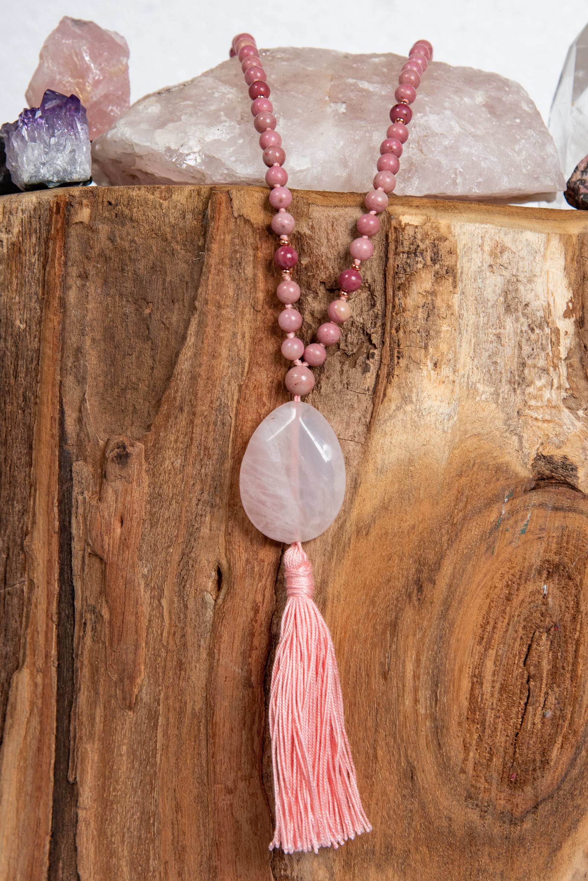 mala da meditazione in rodonite e quarzo rosa, rame