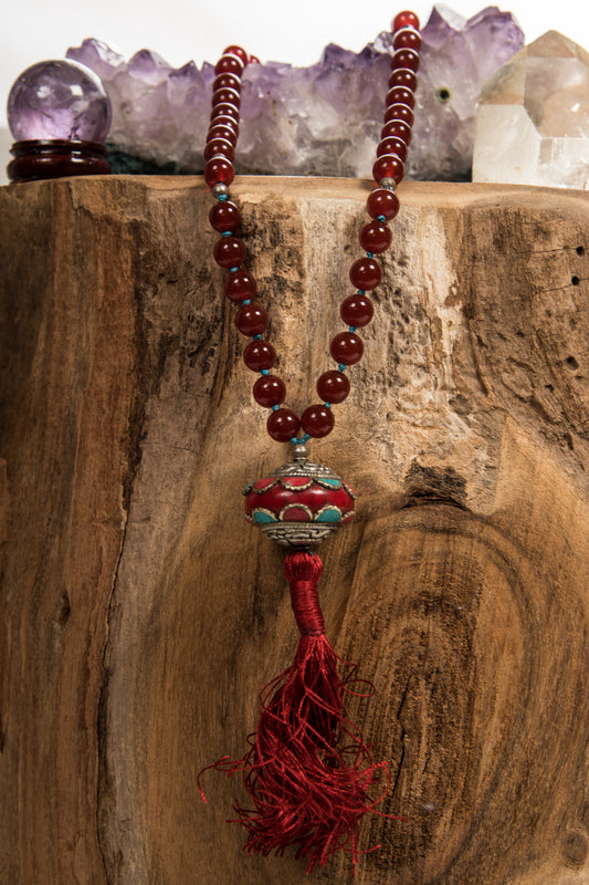 mala in agata rossa e perla tibetana fatta a mano in pietra dura naturale