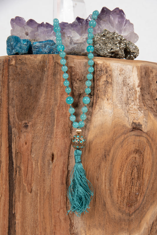 mala in amazzonite, perla tibetana, argento dorato 925, placcato oro 14 kt