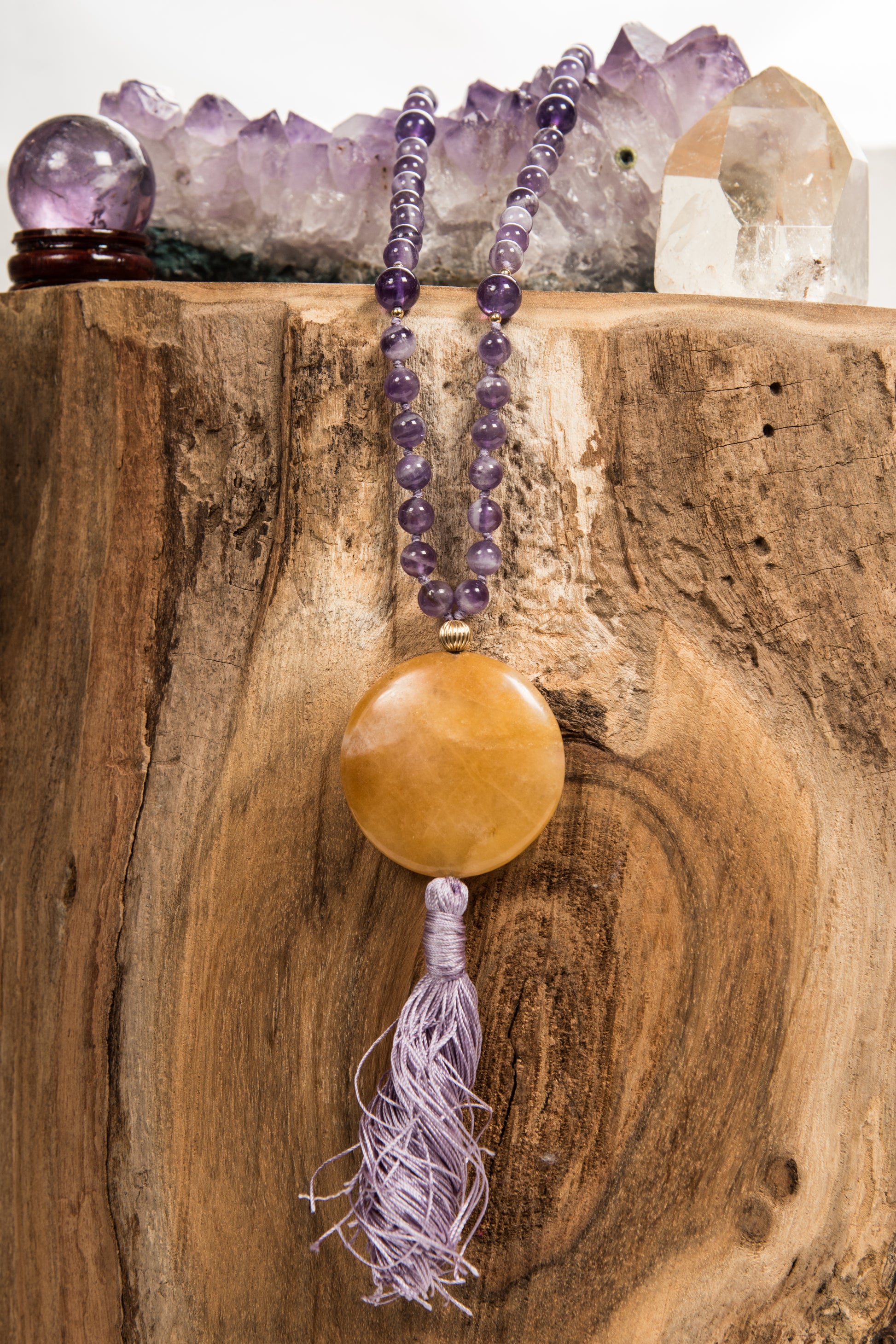 mala in ametista, calcite gialla fatta a mano per meditare
