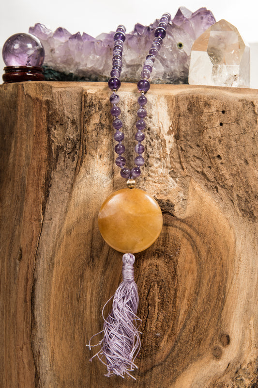 mala in ametista, calcite gialla fatta a mano per meditare
