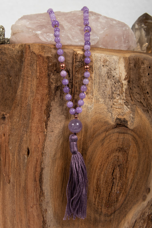 mala con 108 pietre dure naturali di kunzite e pietra guru in ametista lavanda la madregea