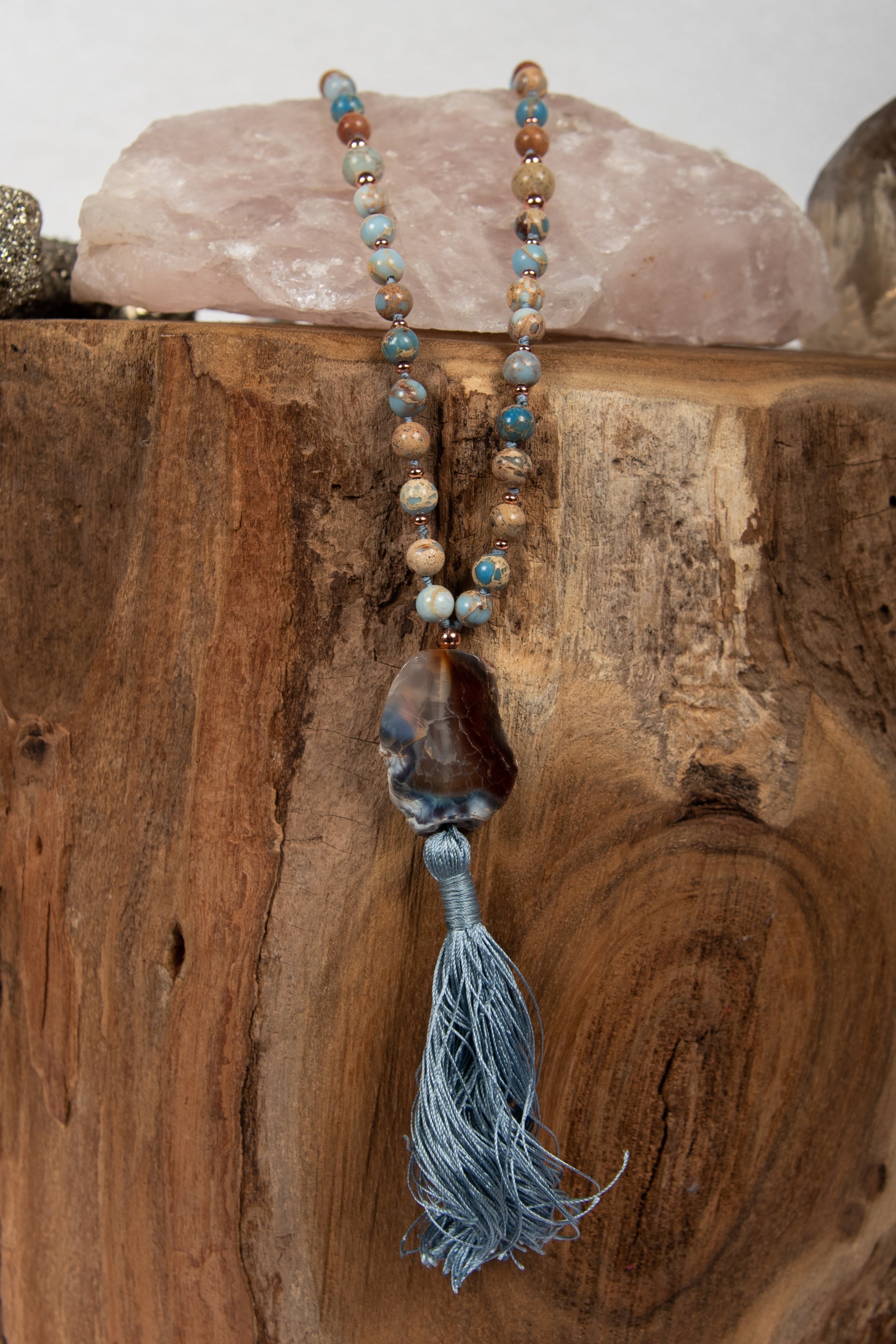 mala per meditare con 108 perle in pietra di diaspro imperiale e pietra guru in agata la madregea