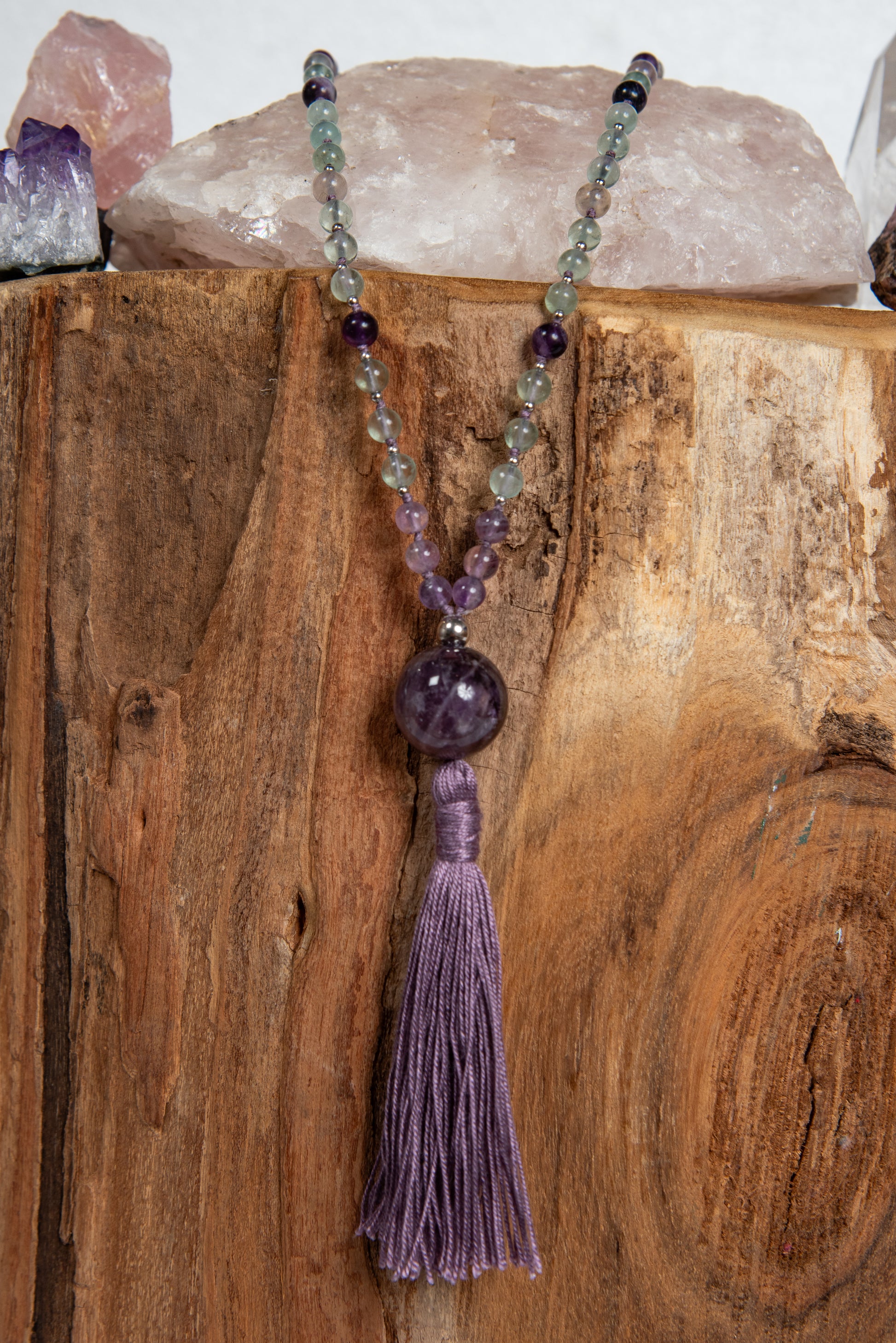 mala artigianale in fluorite, ametista e argento 925