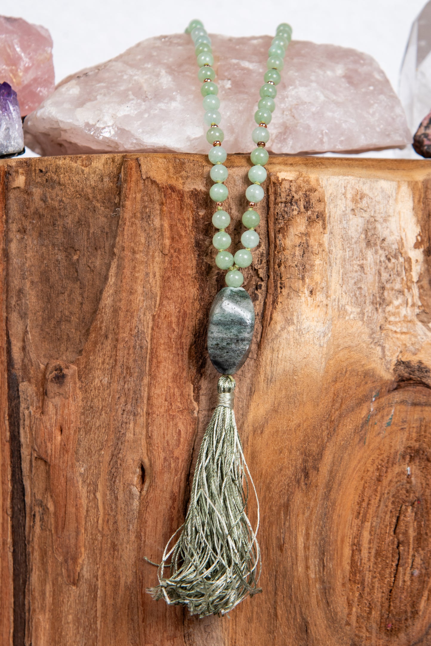 mala artigianale per meditare in giadeite, avventurina e rame