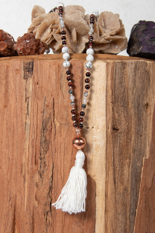 mala artigianale per meditare in howlite, occhio di bue, agata bianca, diaspro zebrato e rame