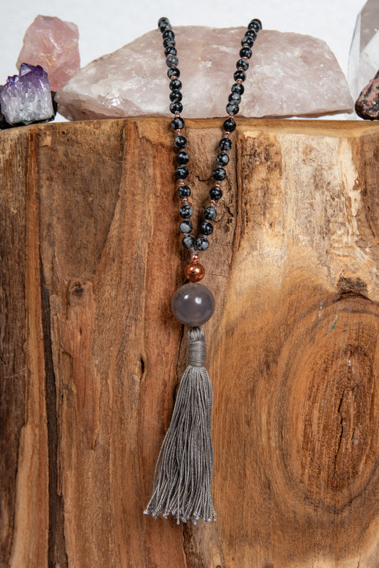 mala artigianale in ossidiana fiocco di neve, agata grigia e rame