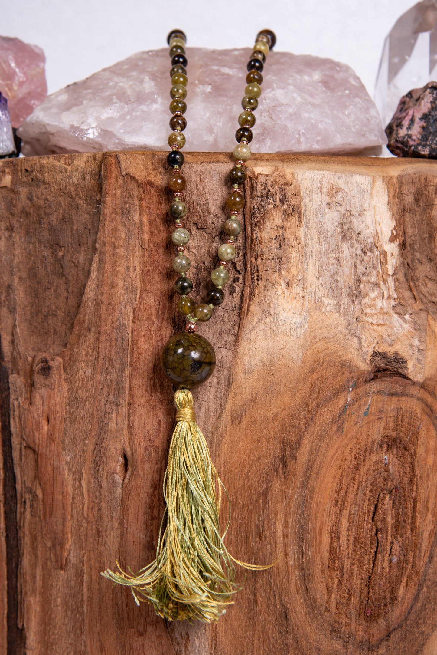 mala artigianale per meditare in pietra serpentina nobile e agata