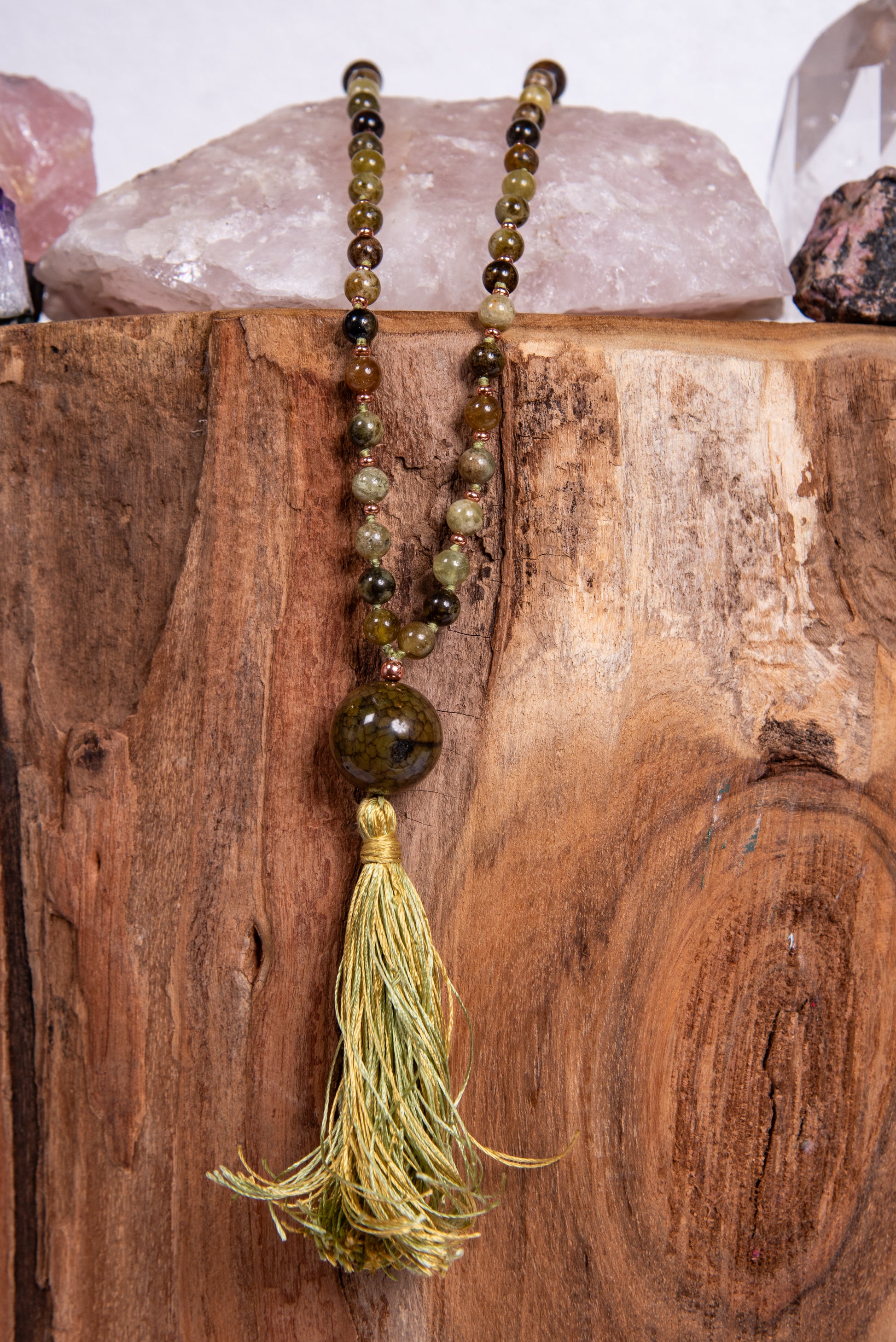 mala artigianale per meditare in pietra serpentina nobile e agata