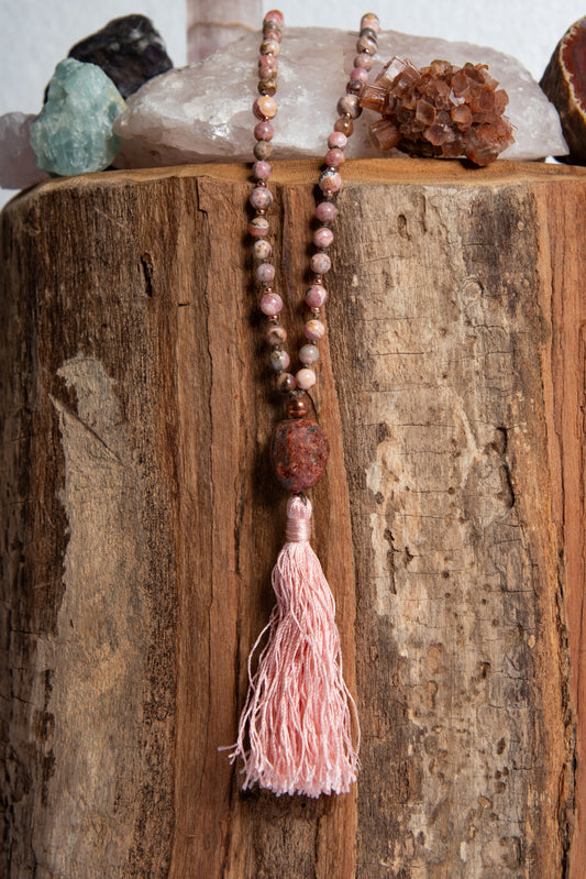 mala da meditazione in rodocrosite naturale e diaspro oceano