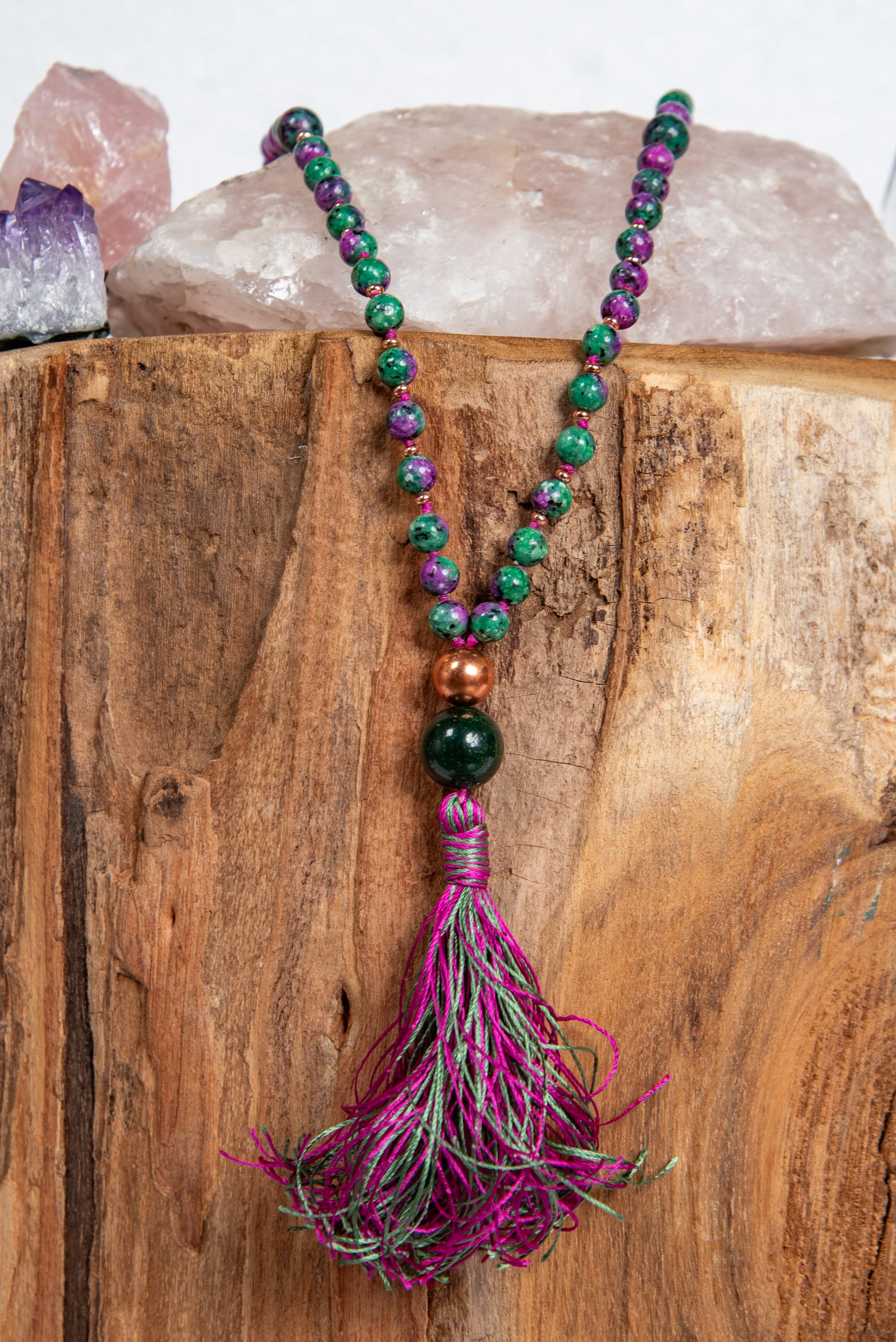 mala artigianale in zoisite, pietra guru diaspro verde e rame per la pratica della meditazione