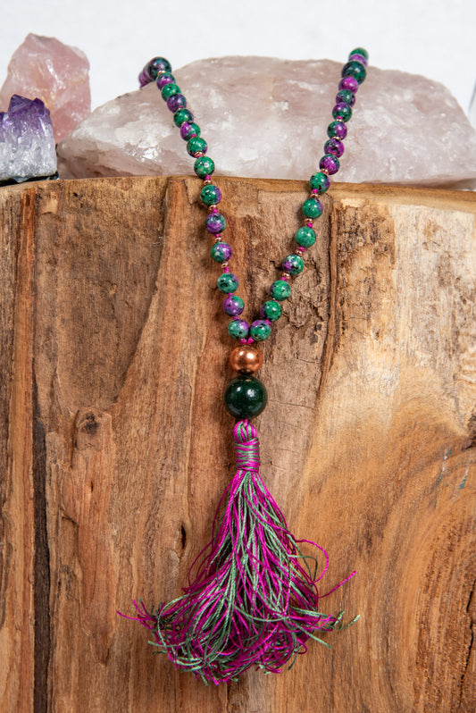 mala artigianale in zoisite, pietra guru diaspro verde e rame per la pratica della meditazione