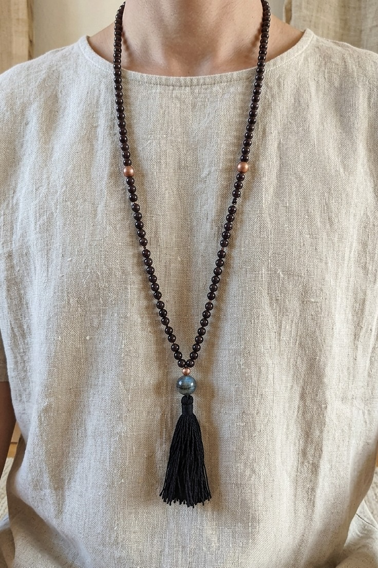 Mala da meditazione 108 perle Onice, pietra guru Quarzo Tormalinato, rame