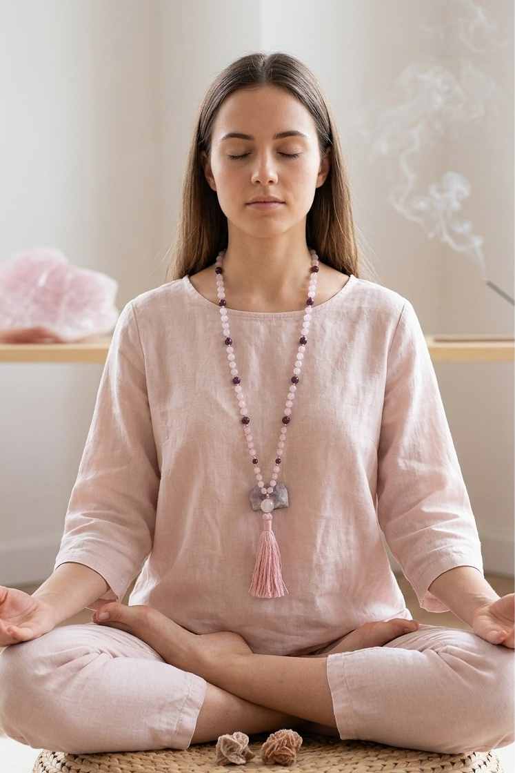 Mala con pietre naturali di Quarzo rosa, Granato almandino, Pietra Guru Quarzo rosa, Rame