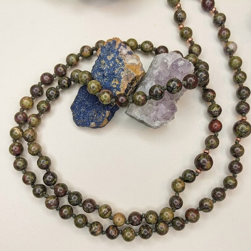 Mala da meditazione 108 perle in Pietra sangue di drago, Agata rossa, Pietra Guru Labradorite, Rame