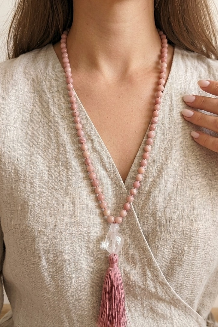 Mala 108 in Rodonite, Pietra Guru Quarzo rosa e Rame