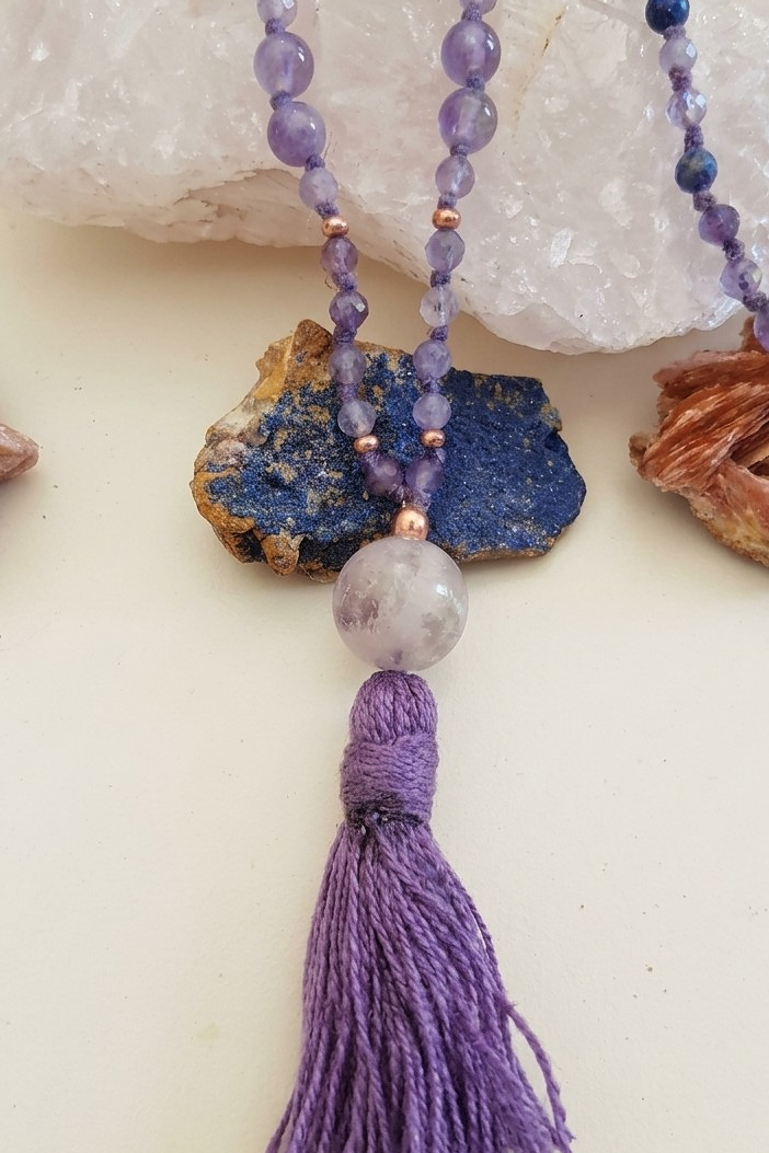 Mala collana 108 perle di Ametista e Lapislazzuli, Pietra Guru Ametista, Rame