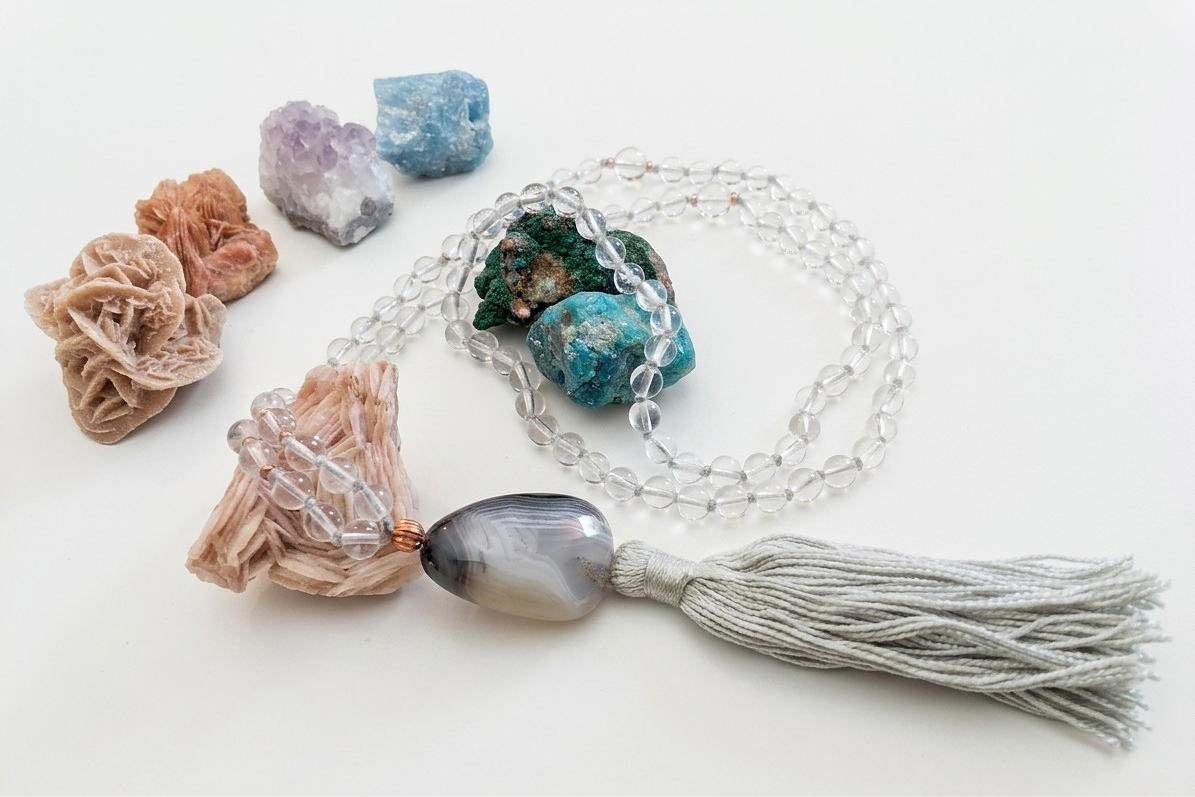 Mala collana da meditazione in Cristallo di Rocca, Pietra Guru Agata botswana, rame