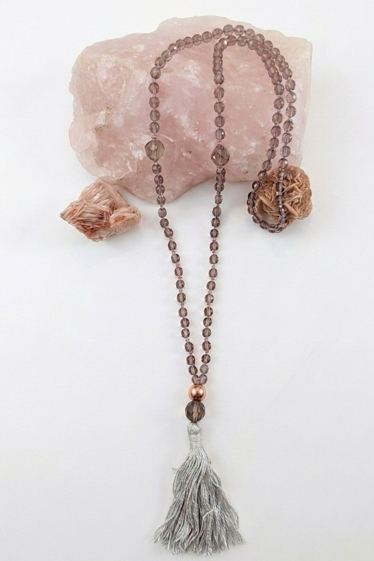 Mala da meditazione 108 perle Quarzo Fumè, pietra guru Quarzo Fumè, rame