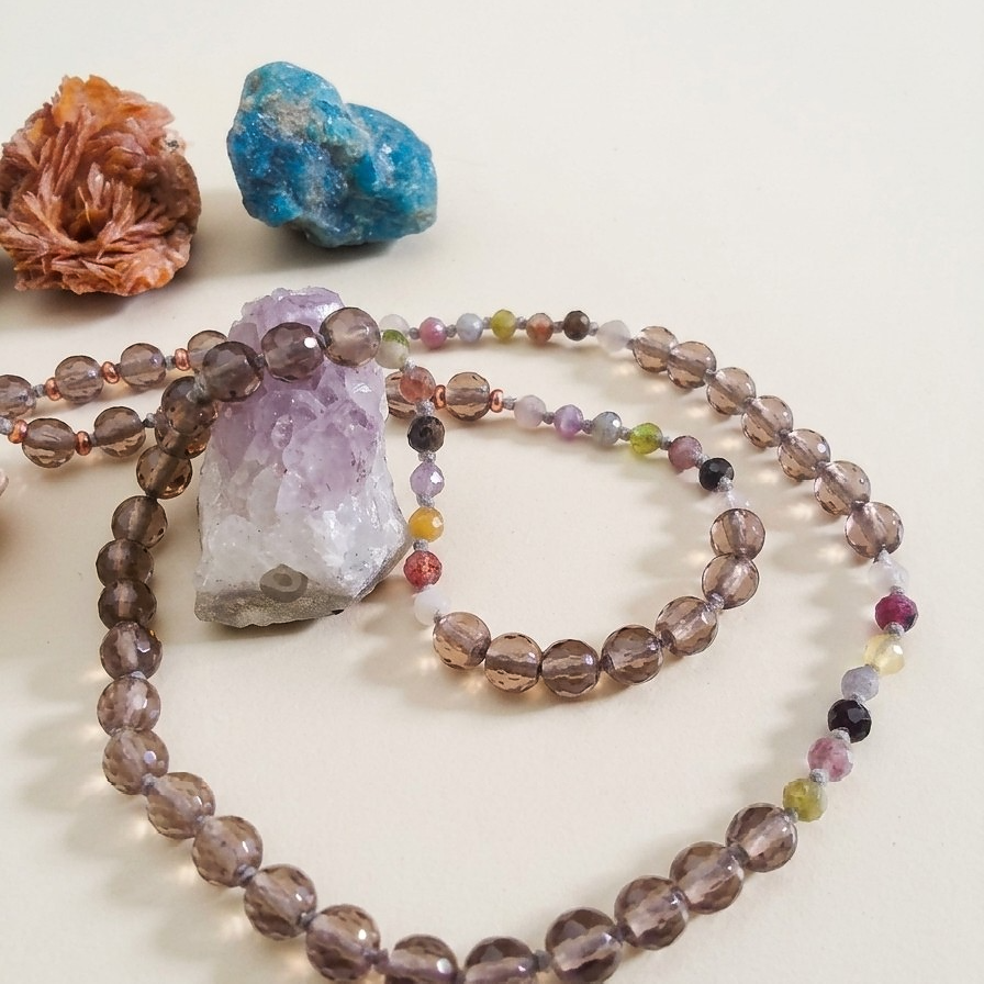 Mala da meditazione 108 Quarzo Fumè, Tormalina vari colori, pietra guru Quarzo Fumé , rame