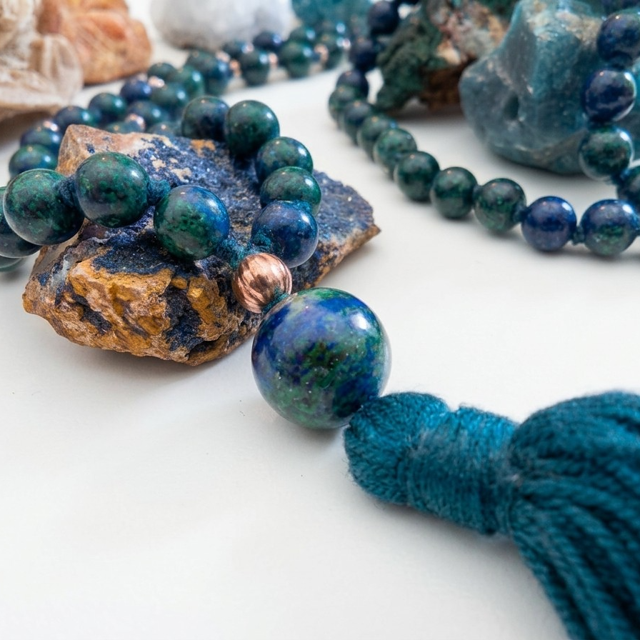 Mala collana da meditazione in Azzurrite, Rame