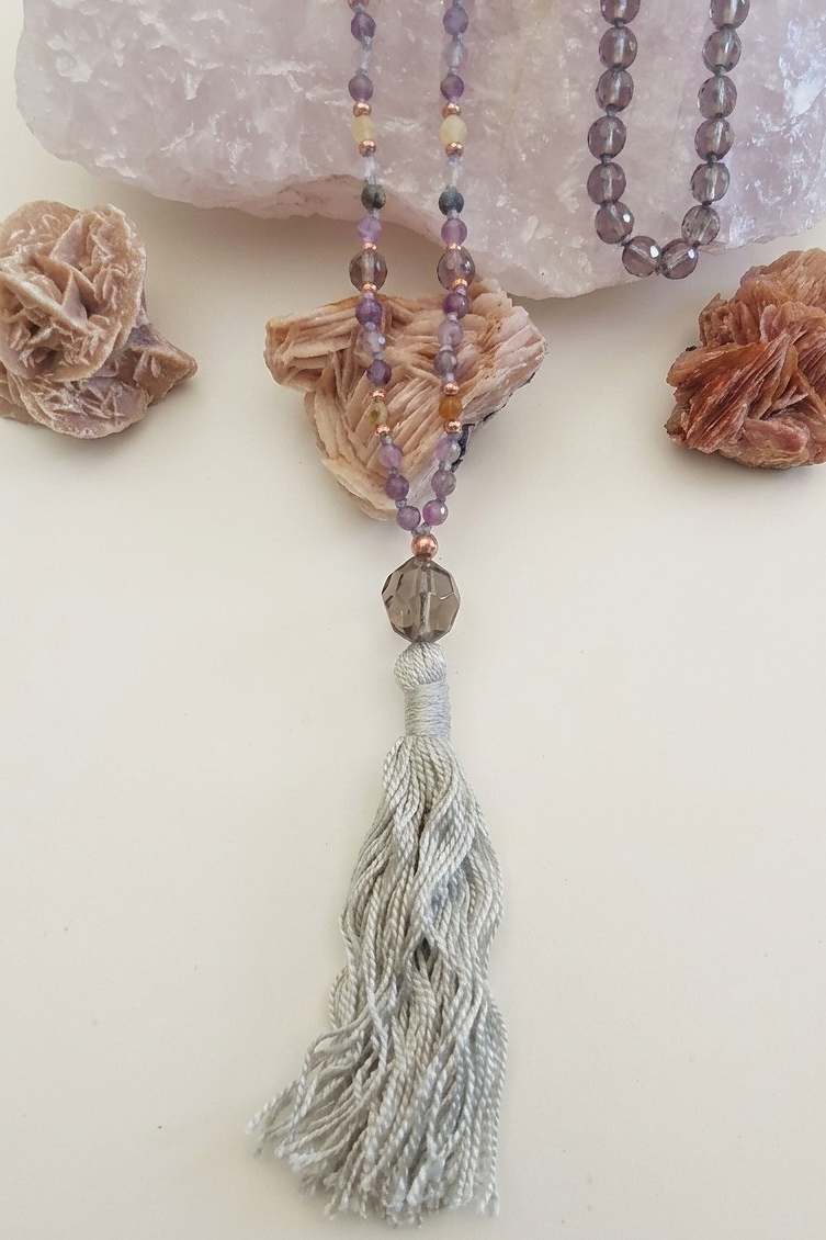 Mala da meditazione 108 Quarzo Fumè, Tormalina vari colori, pietra guru Quarzo Fumé , rame