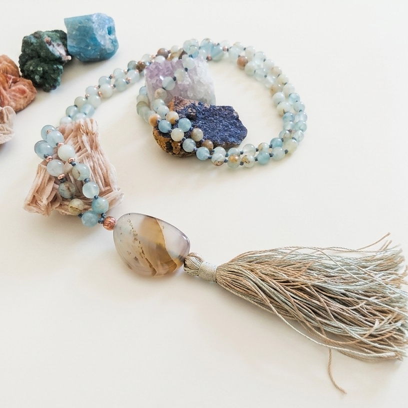 Mala 108 perle Calcite blu, pietra guru Agata, rame