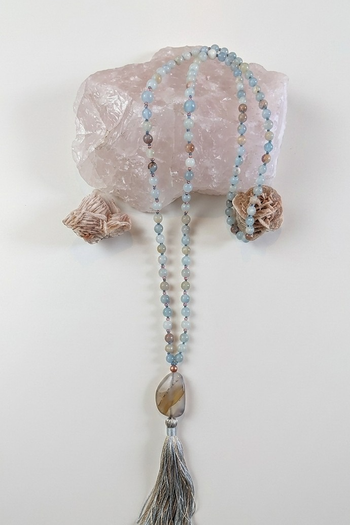 Mala 108 perle Calcite blu, pietra guru Agata, rame