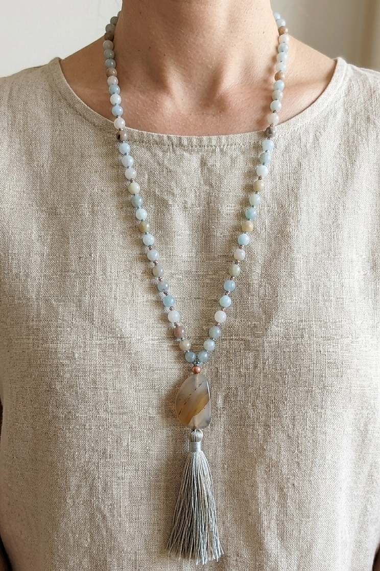 Mala 108 perle Calcite blu, pietra guru Agata, rame