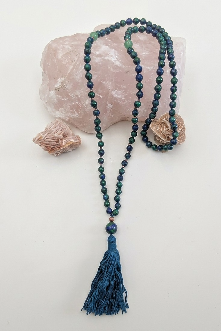Mala collana da meditazione in Azzurrite, Rame