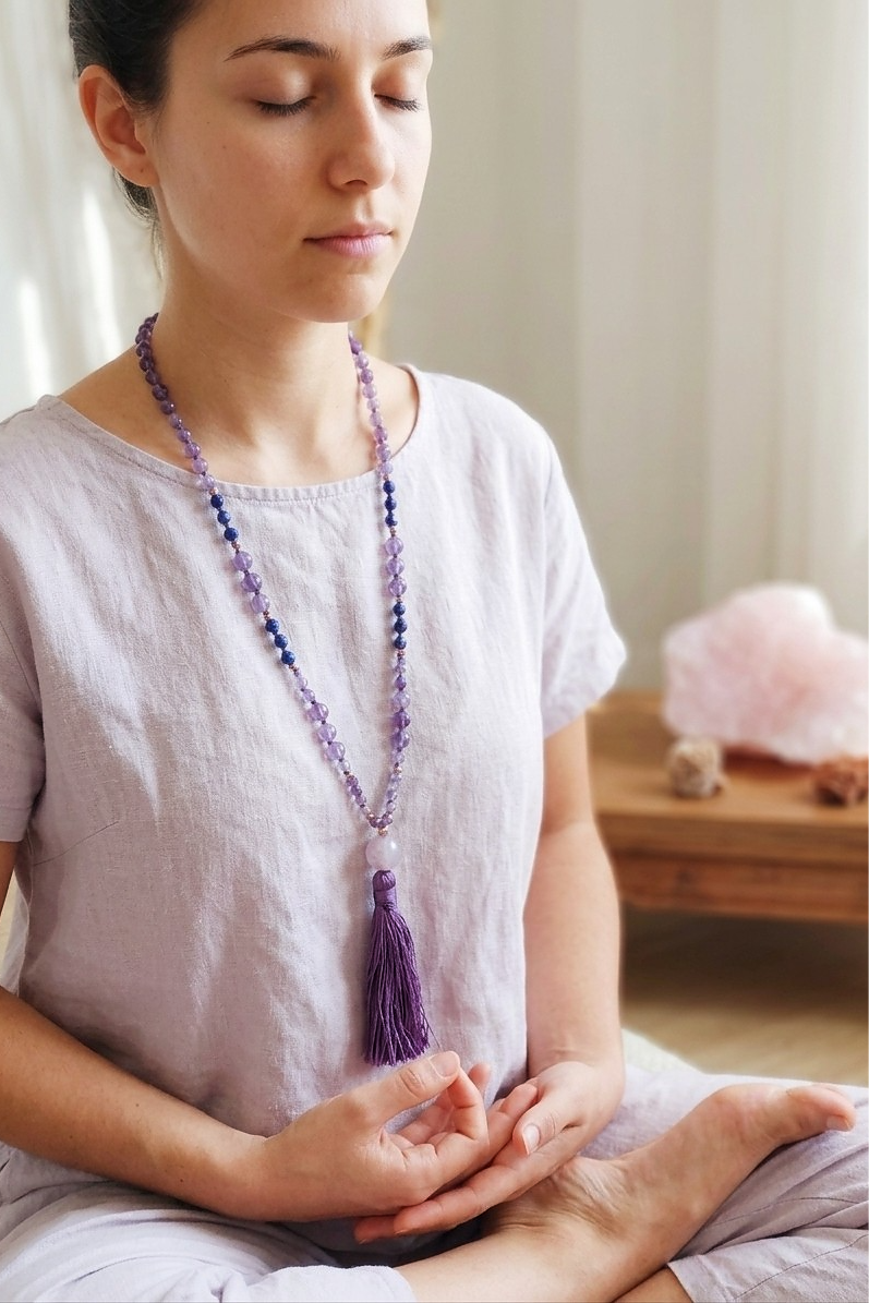 Mala collana 108 perle di Ametista e Lapislazzuli, Pietra Guru Ametista, Rame