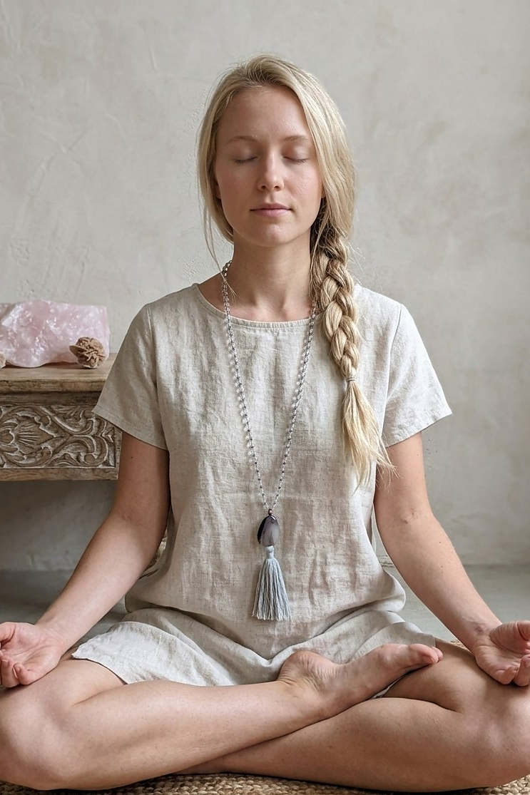 Mala collana da meditazione in Cristallo di Rocca, Pietra Guru Agata botswana, rame