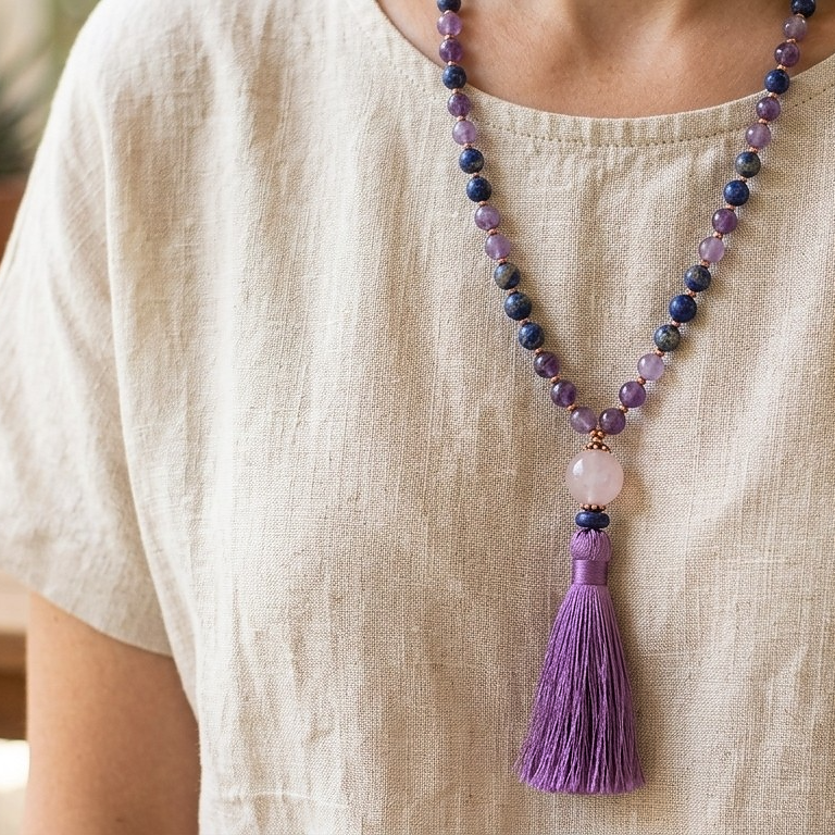 Mala collana 108 perle di Ametista e Lapislazzuli, Pietra Guru Ametista, Rame