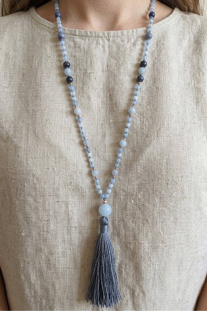 Mala in Dumortierite, Acquamarina, Pietra Guru Acquamarina, Rame