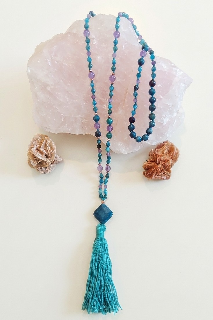 Mala collana 108 perle di Ametista e Apatite, Pietra Guru Apatite, Rame